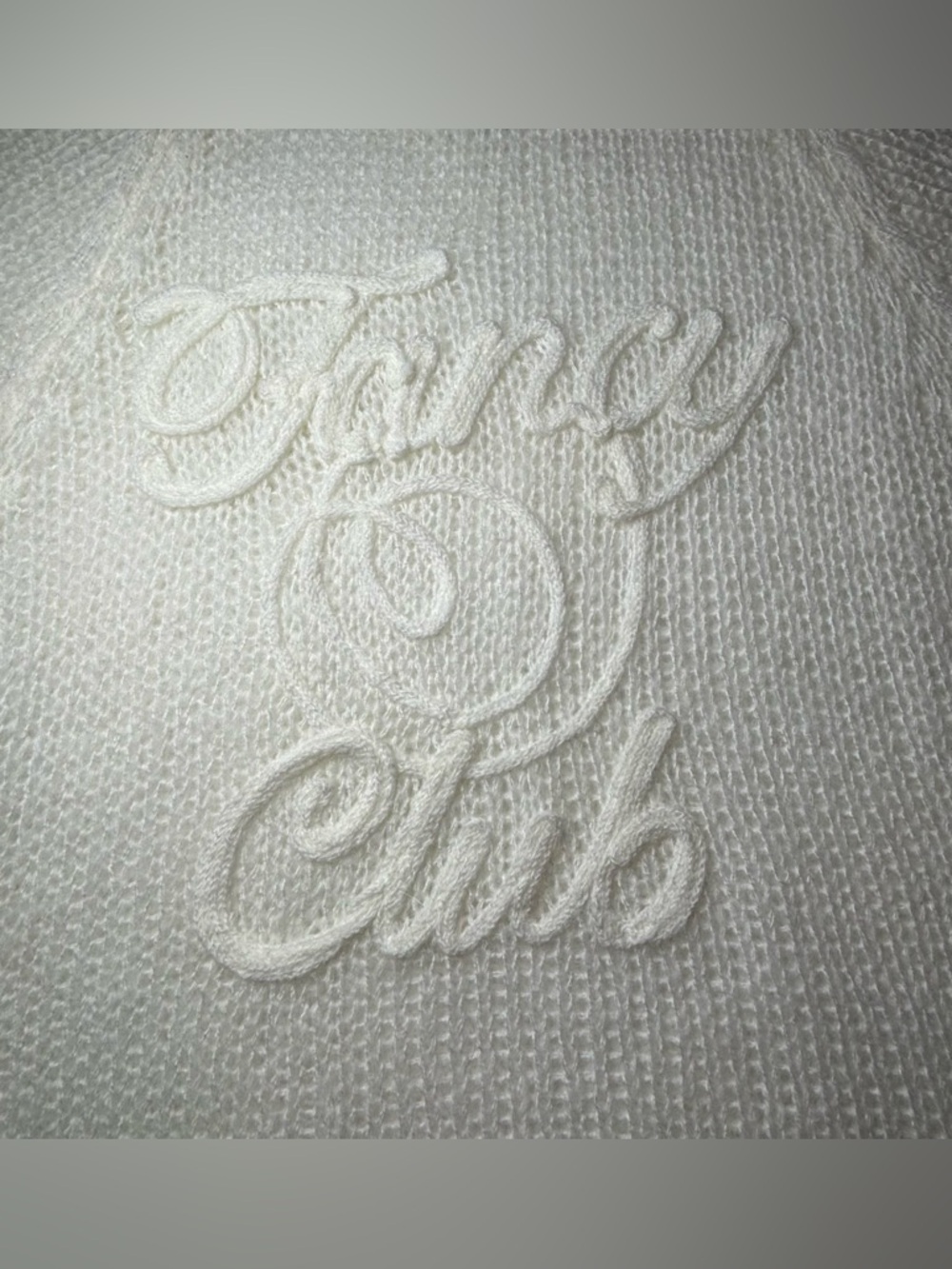 Fancy Club Embroidered Net Knit Top Ivory One Size Raglan Sheer Logo Trendy - Picture 4 of 13
